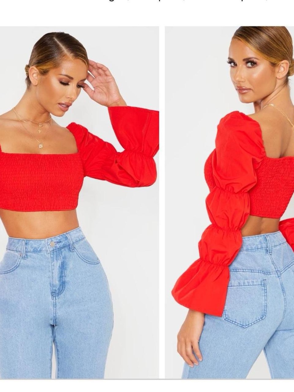 PrettyLittleThing Red Puff-Sleeve Smocked Crop Top
